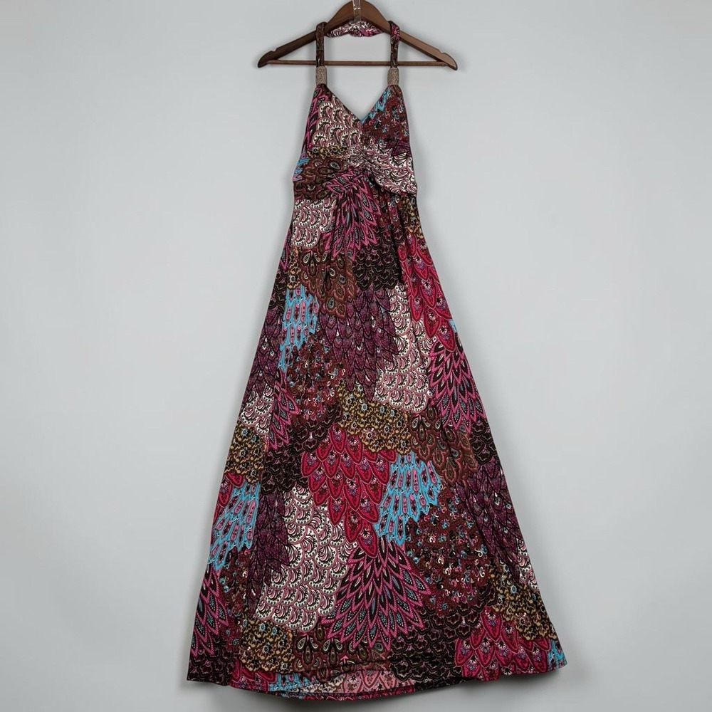 Boho Halter Maxi Dress Pink Paisley Festival Beach Resort Sleeveless Size: S/M